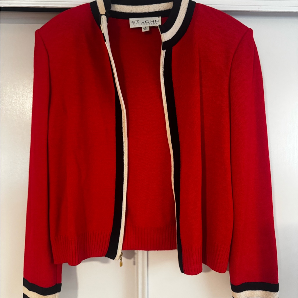 St. John Collection Red Knit Open-Front Jacket With Black And Cream Trim